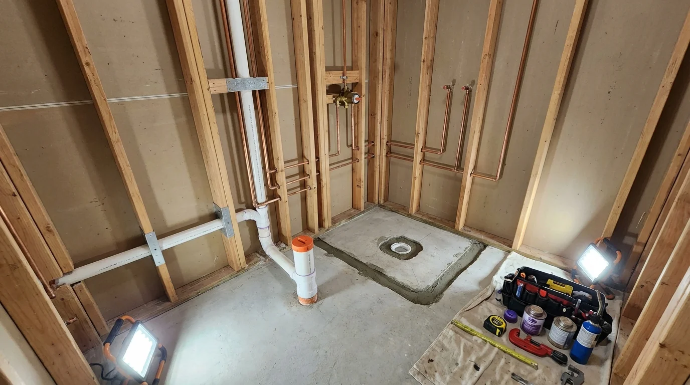 Bathroom rough-in plumbing during remodel by Johns Plumbing LLC in Delcambre