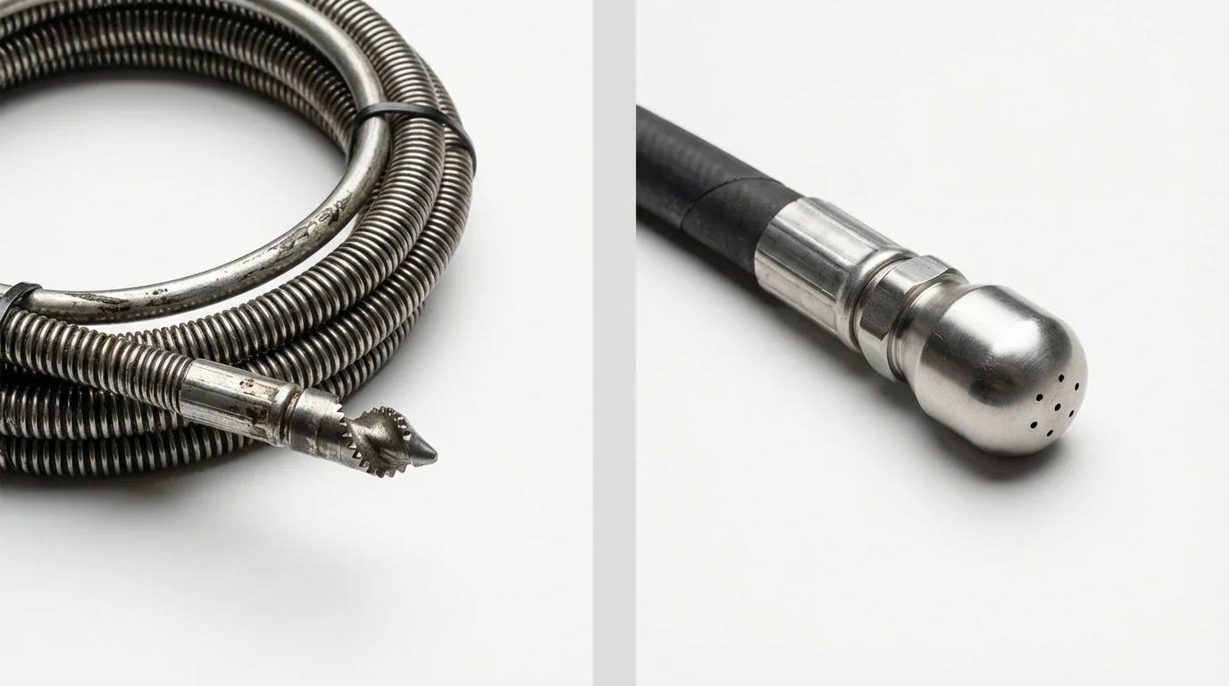 Drain snake cable and hydro jetting nozzle used for drain cleaning in Delcambre, LA