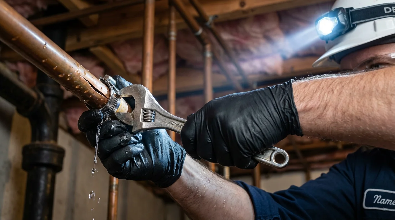 Emergency pipe clamp repair being performed by a Johns Plumbing LLC plumber in Delcambre