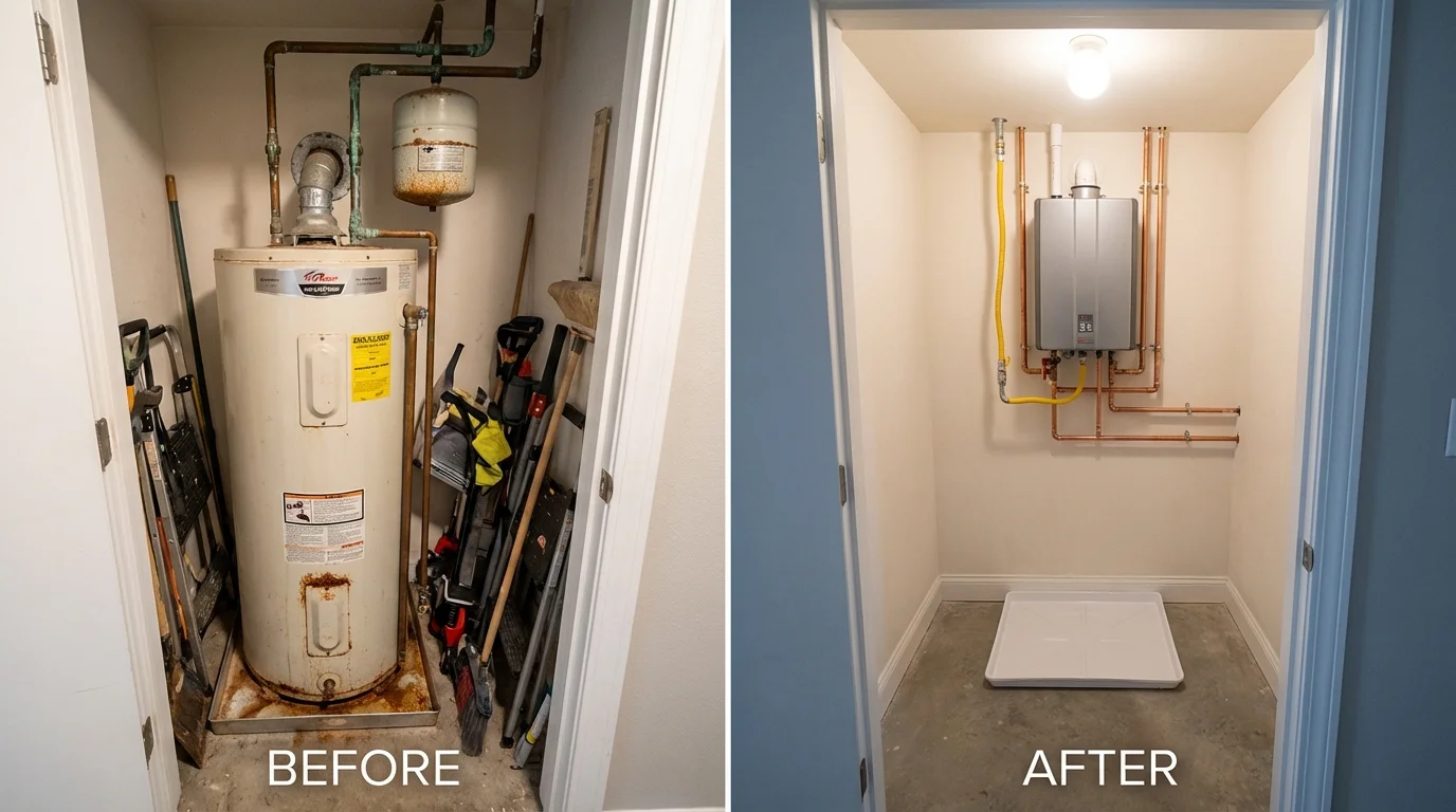 Tank water heater versus wall-mounted tankless unit comparison for Delcambre, LA homeowners