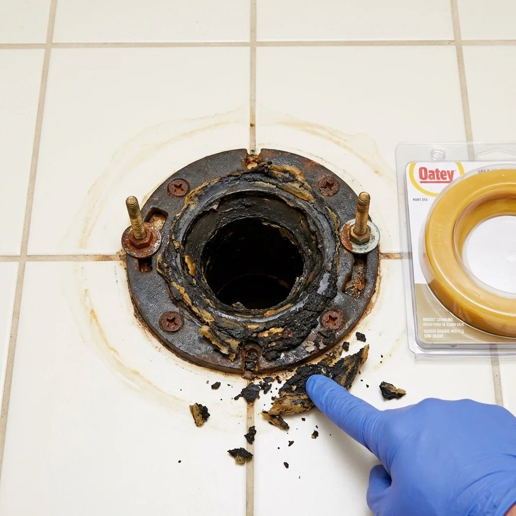 Failed wax ring showing water seepage at the base of a toilet in a Delcambre, LA home