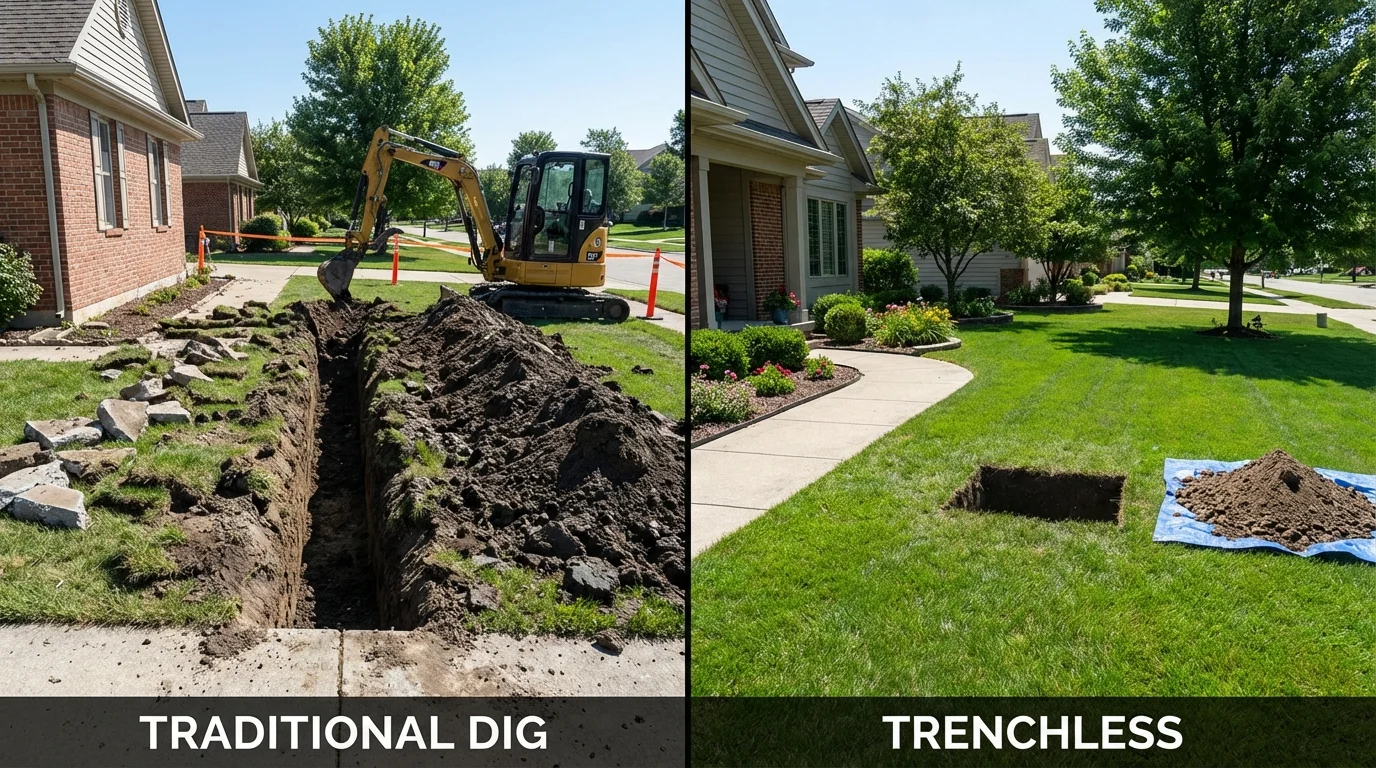 Trenchless sewer repair with minimal yard damage versus traditional excavation in Delcambre, LA