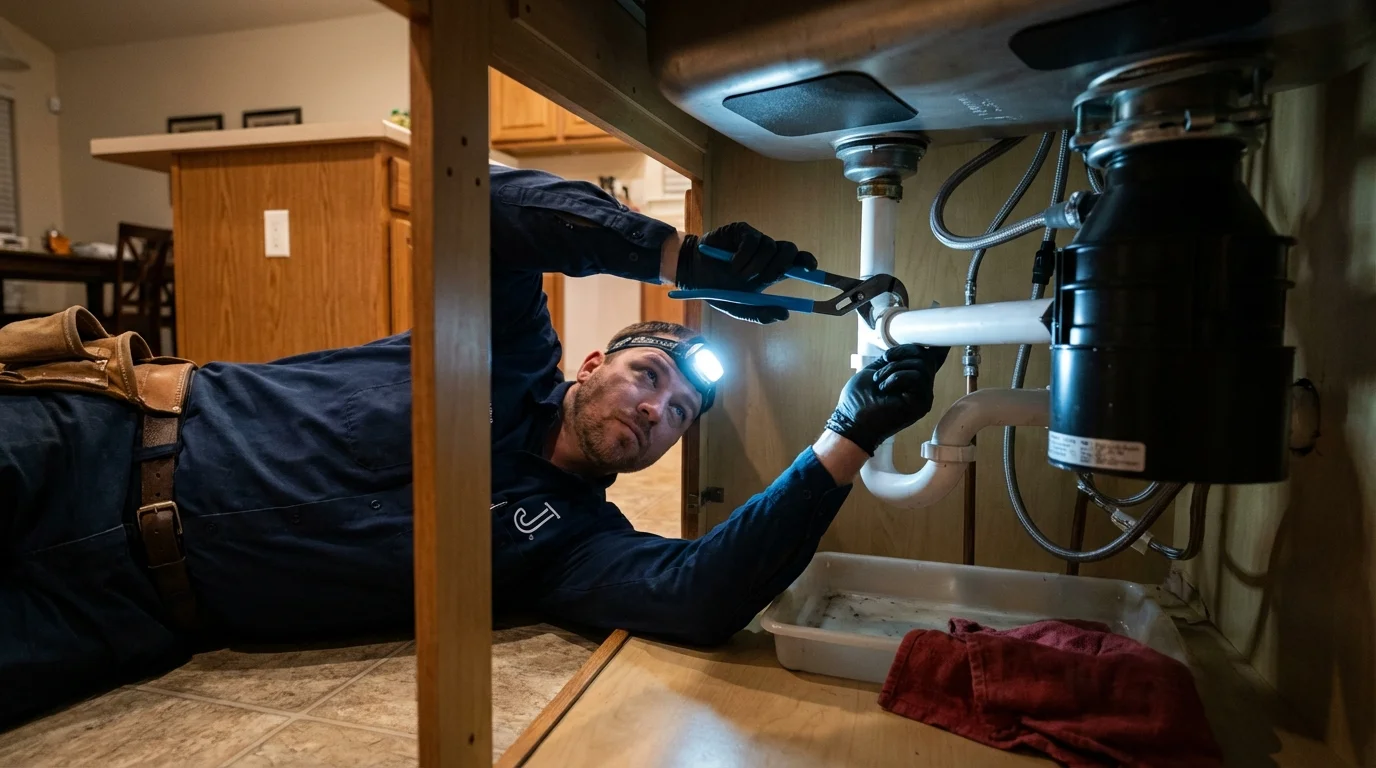 P-trap and supply line connections under a kitchen sink showing a common leak point in Delcambre, LA